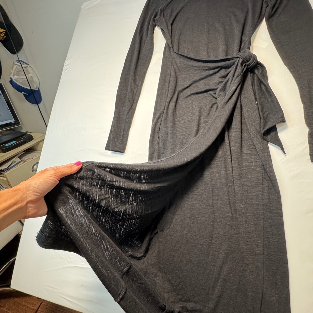 Isabel Marant Etoile Midi Dress Lisy Wrap Black Wool Linen Blend Size 42 Large - Picture 4 of 11